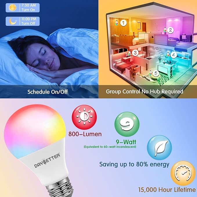 DAYBETTER WiFi Color Changing Smart Bulbs, Alexa & Google Home Compatible, Music Sync, A19/E26 9W 810LM Smart Home Lighting, 2 Pack
