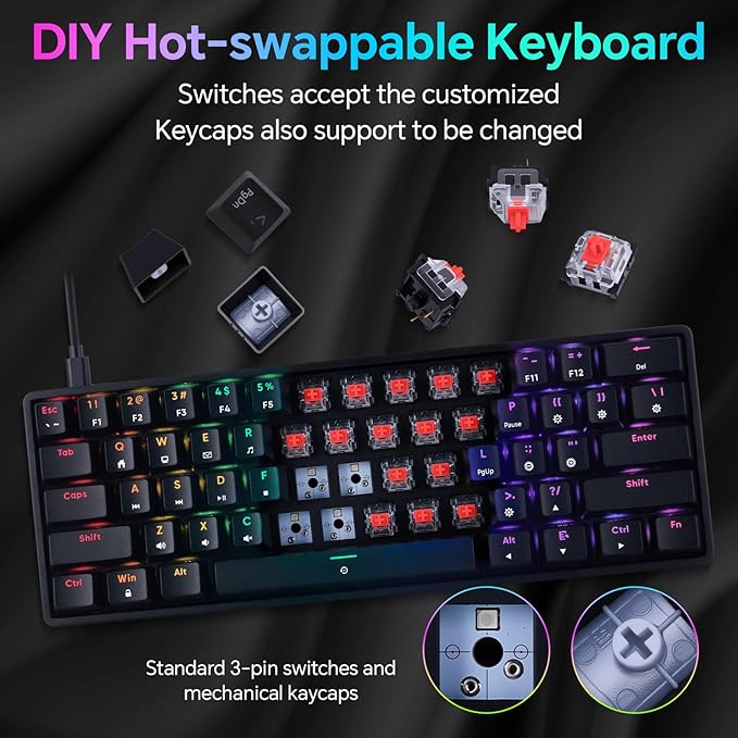 CHONCHOW Mechanical Keyboard 61 Keys Gaming RGB USB Wired Red Switch Programmable Ultra-Compact Keypad Compatible with Windows 7/8/10 iMac Xbox one X Ps4(Black,red Switch)