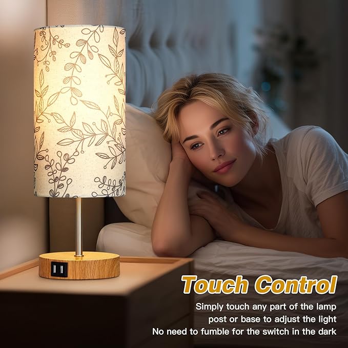CINSARY Bedside Touch Lamps for Nightstand with 2 USB Charging Ports, 3 Way Dimmable Wood Bedroom Lamp with Flower Fabric Shade, Small Table Lamp for Living Room Reading Desk (LED Bulb Included)
