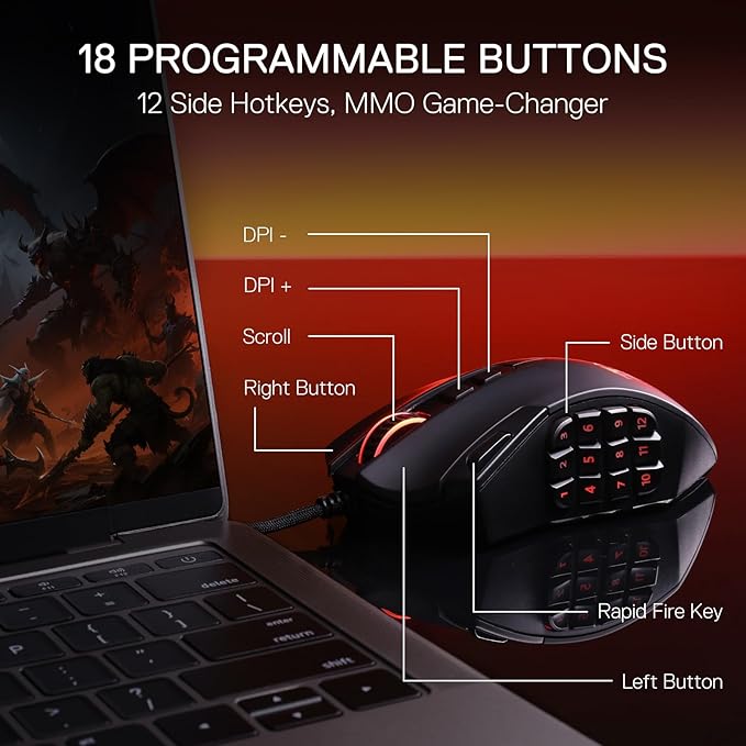 Redragon M921 MMO Gaming Mouse, 12400 DPI High Precision Wired RGB Mice w/18 Programmable Buttons, 12 Side Macro Keys, Software Supports for PC Laptop