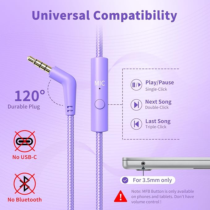 Botesty Sound Headphones Wired with Microphone, Over Ear Foldable 3.5mm Plug in Headphones with 4.9ft Tangle-Free Nylon Cord for Tablet, Laptop, MP3/4, School, Airplane Travel (Purple)