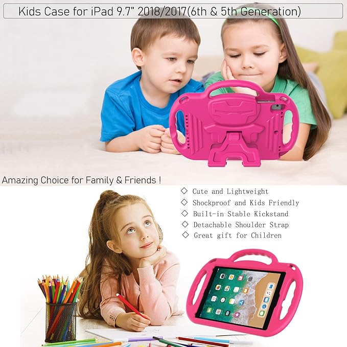LTROP Kids Case for iPad 5th/6th Generation (2017/2018) & Air 2, Shoulder Strap Handle Stand Shockproof Bumper Cute Kid Case for iPad 9.7 Inch, Pink