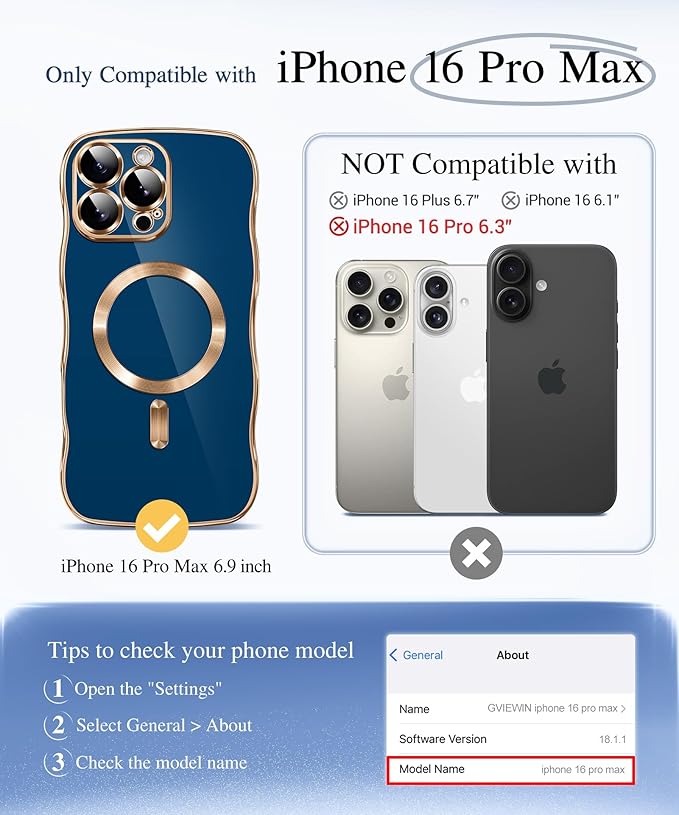 GVIEWIN for iPhone 16 Pro Max Case Compatible with MagSafe, Upgraded [Full Camera Protection][Cute Wave Frame][Military Grade Protection] Electroplated Soft Phone Cover for Women Girl, Blue