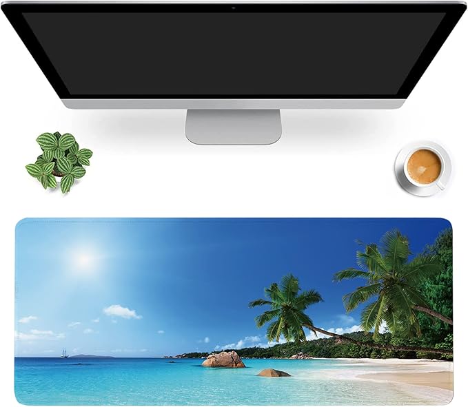 Ocean Desk Mat,ANSE Lazio Beach at Praslin Island Extended Gaming Mouse Pad,Large Non-Slip Rubber Base Mousepad with Stitched Edges,Waterproof Mouse Mat Desk Pad for Office Game Home 35.4x15.75 in