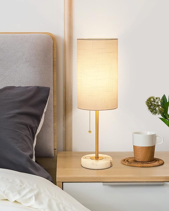 JUNNAI Table Lamps Set of 2, Gold Bedside Lamps, 3 Way Dimmable Nightstand Lamps with Marble Base & Linen Shade &Pull Chain,18.5 Inches Tall Skinny Desk Lamps for Bedroom Living Room(Bulbs Included)