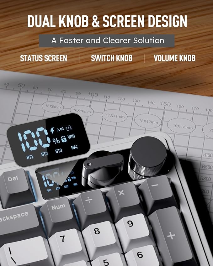 RK ROYAL KLUDGE M100 Wireless Mechanical Keyboard w/Screen & Dual Knobs, Tri-Mode Gasket Mount Gaming Keyboard with Number Pad, Hot Swappable Cream Switch, White