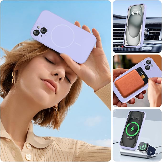 Miracase Magnetic for iPhone 15 Plus Case, [Soft Anti-Scratch Microfiber Lining], Magnetic for MagSafe, Liquid Silicone Shockproof Drop Protection Phone Case for 15 Plus, Light Purple