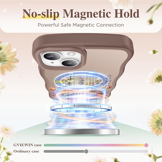 GVIEWIN Cute for iPhone 14 Case & iPhone 13 Case [Compatible with MagSafe] [Curly Wave Edge] Floral Translucent Magnetic Shockproof Protective Phone Cover for iPhone 14/13 6.1'', Primrose/Brown