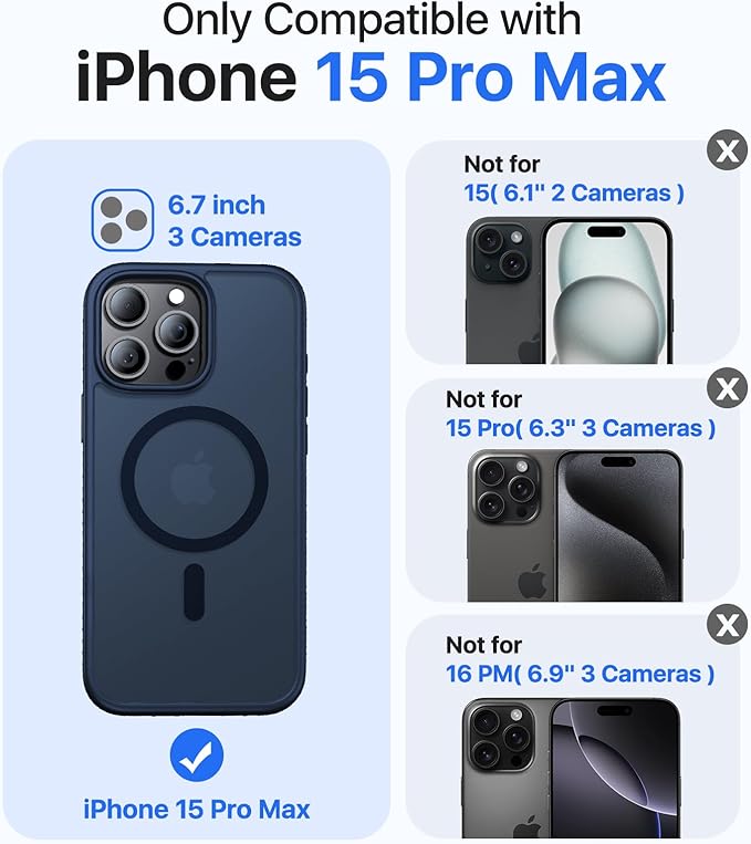 Magnetic for iPhone 15 Pro Max Case, [Compatible with MagSafe][Military-Grade Drop Protection][Anti-Yellowing]Shockproof Translucent Matte Cover for iPhone 15 Pro Max Phone Case,Midnight Blue