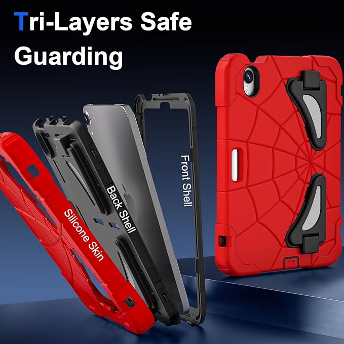 Case for iPad Mini 7 (A17 Pro) 2024/Mini 6 8.3'' with Shoulder Strap Stand, Heavy Duty Rugged Shockproof Drop-Proof Cute Protective Cover for Kids iPad Mini 7th/6th Generation 8.3", Red Black