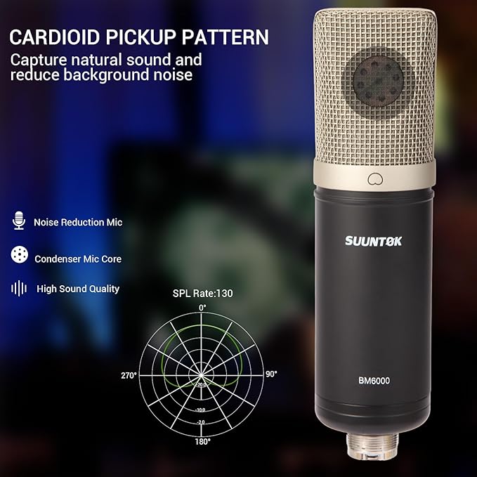 SUUNTOK Condenser Microphone XLR, Large Diaphgram Professional Recording Cardioid Microphone Kit w/Shock Mount, for Studio, Live Streaming, Podcasting, Voice-Over, You-Tube (Black)