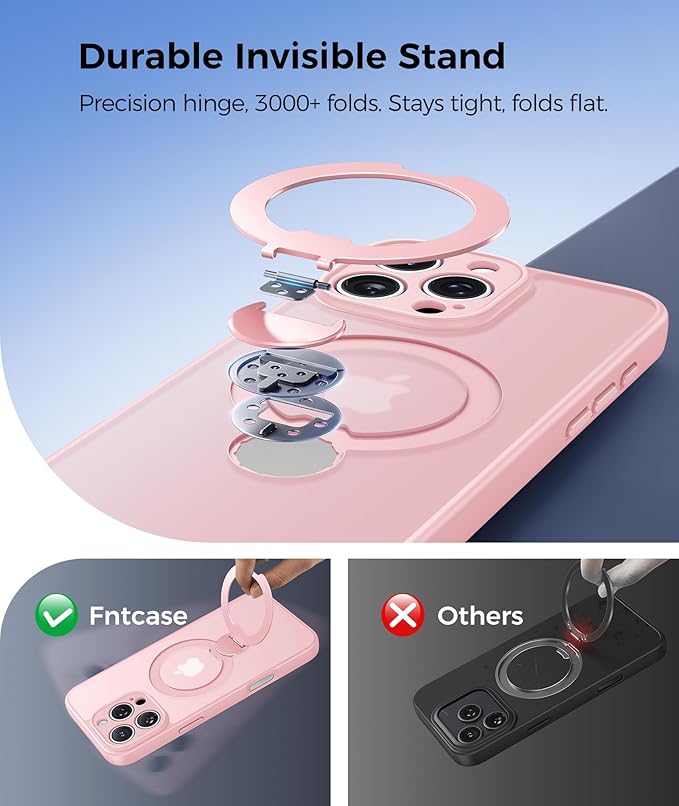 FNTCASE for iPhone 16 Pro-Max Case: [360 Spin Magnetic Stand] [Compatible with Magsafe] [Screen Protector] Translucent Matte Military Grade Shockproof Full Camera Protective Phone Cover - Pink