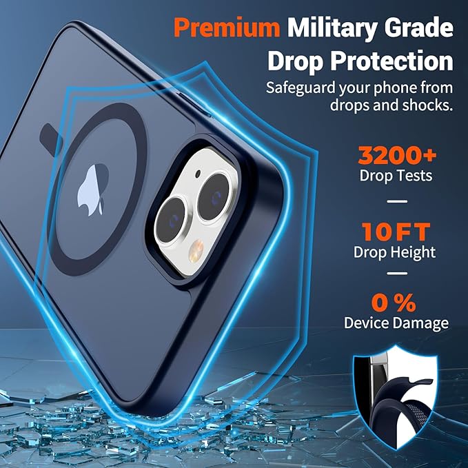 SUPFINE Magnetic for iPhone 15 Case (Compatible with MagSafe) (Military Grade Drop Protection) Translucent Matte Shockproof Phone Cover,Dark Blue