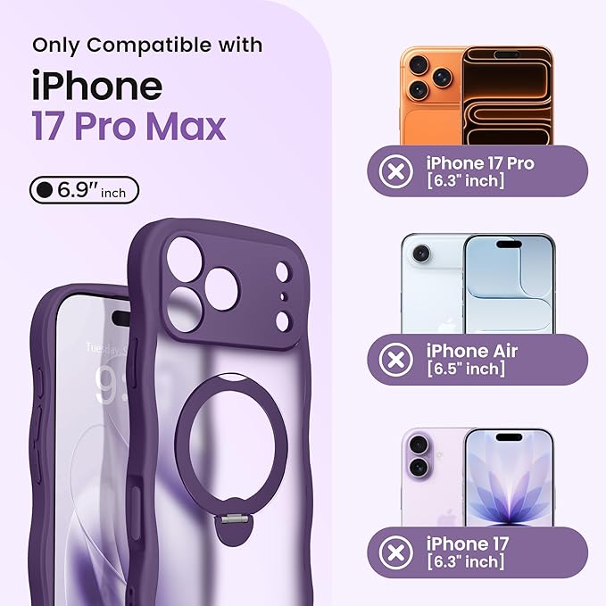 CAPRARO for iPhone 17 Pro Max Case with 360° Spin Magnetic Stand for Women, [Compatible with MagSafe] [Full Camera Protection] Cute Wave Translucent Matte Case for iPhone 17 Pro Max, Deep Purple