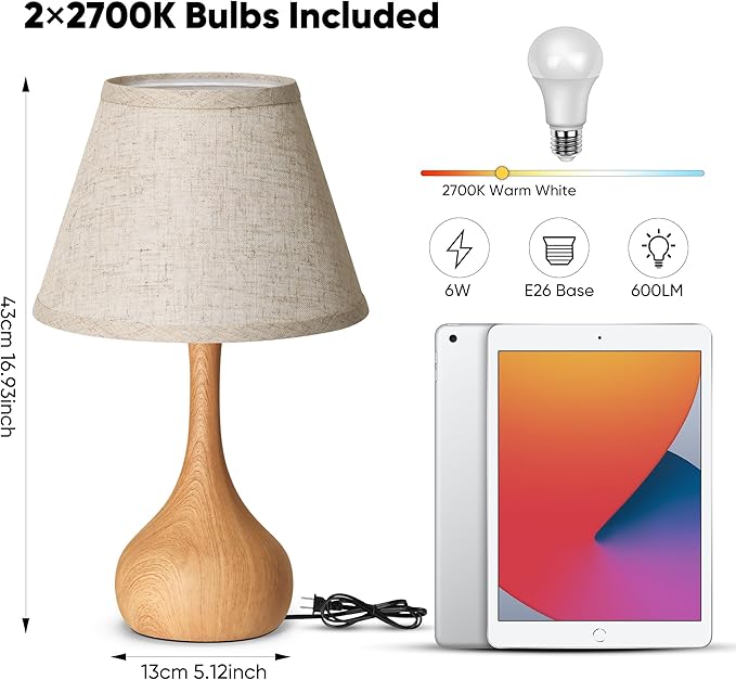 17” Touch Table Lamp for Bedroom Set of 2, 3-Way Dimmable Bedside Lamp for Nightstand, Rustic Metal Desk Lamp with Linen Shade for Living Room, Kids Reading, Dorm, Home Office Decor, Bulb Included