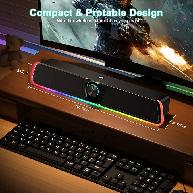 Computer Speakers - Wired USB Powered Bluetooth Computer Sound Bar with RGB & Volume Knob, HiFi Stereo Portable Gaming Sound Bar Speaker for Desktop Monitor, PC, Laptop, Tablets, Mac Air/Pro