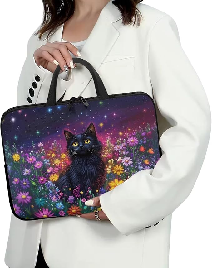 Galaxy Floral Laptop Handle Bag for Women 13 Inch Computer Protect Case Pouch Holder Black Cat Notebook Sleeve Neoprene Cover Soft Carrying Travel for 10-17 Inch Chromebook