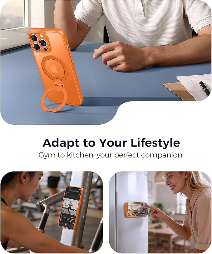 FNTCASE for iPhone 14 Pro-Max Case: [360 Spin Magnetic Stand] [Compatible with Magsafe] [Screen Protector] Translucent Matte Military Grade Shockproof Full Camera Protective Phone Cover - Orange