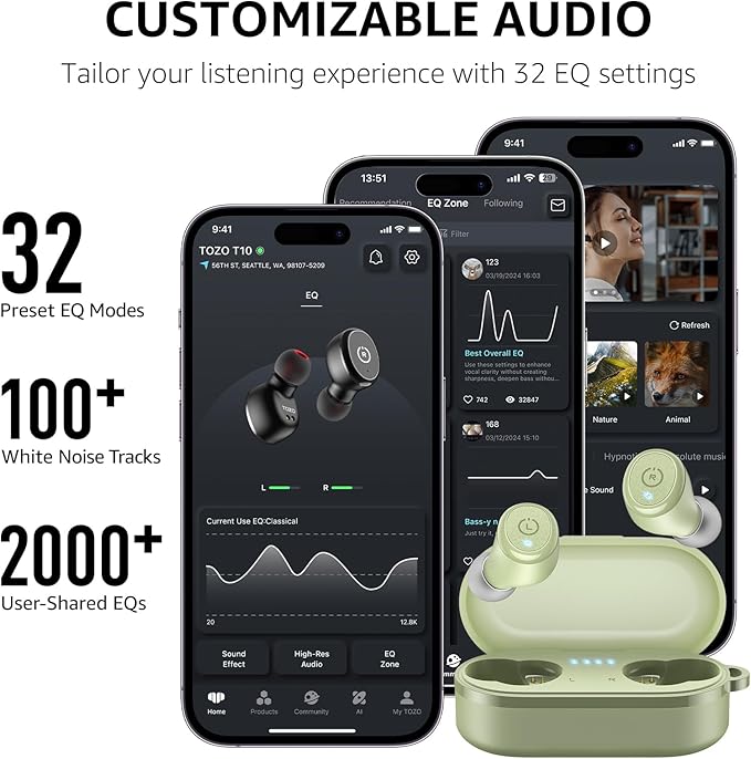 TOZO T10 Bluetooth 5.3 Wireless Earbuds, Deep Bass Stereo, 55H Playtime, App EQ Customization, Wireless Charging Case, IPX8 Waterproof, Ergonomic Fit for in-Ear Headphones