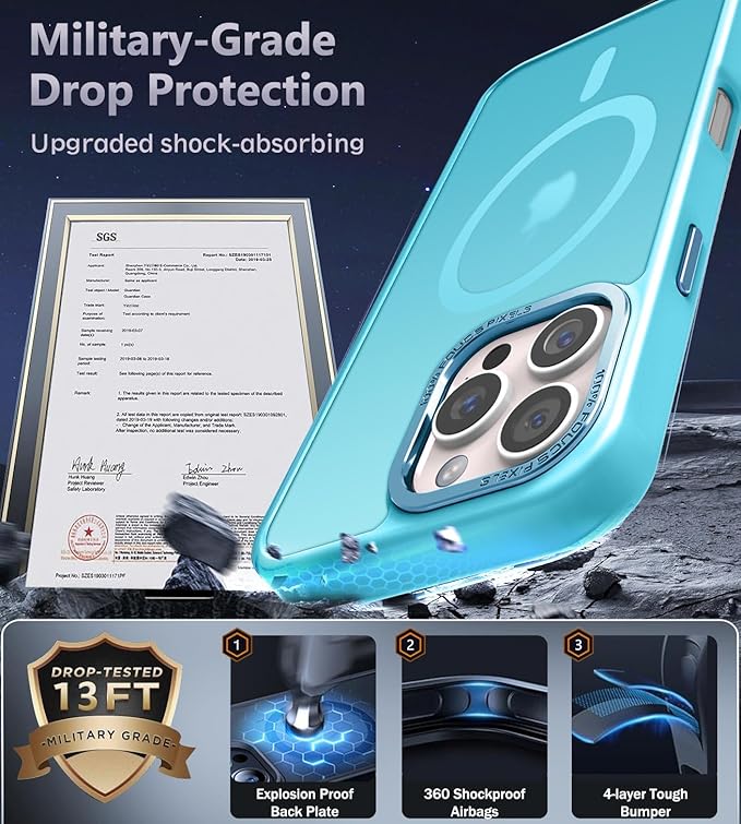 Newfuture Designed for iPhone 16 Pro Case with Magnetic [13 FT Military Drop Protection] [Compatible with Magsafe] Slim Translucent Matte Shockproof with Anti-Fingerprint Phone Case,Lake Blue