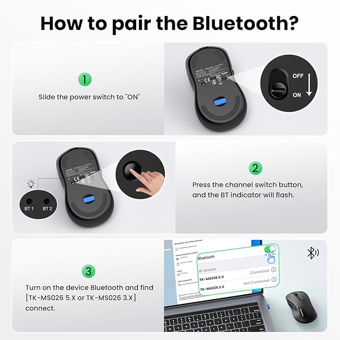 TECKNET Rechargeable Bluetooth Mouse, [ USB + BT5.0 + BT3.0 ] Wireless Mouse, Ergonomic Design, Silent Click, 6-Level 4800 DPI Wireless Mice, 3-Device Switching for Laptop, Computer, MacBook（Black）