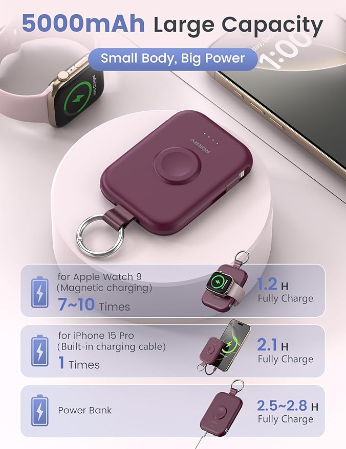 RORRY Portable Charger, 5000mAh Portable Charger Power Bank with Built-in Cables, Travel Keychain Battery Pack for Apple Watch Ultra/11/10/9/8/7/6/SE, iPhone Air/17/16/15/14/13/12, Burgundy