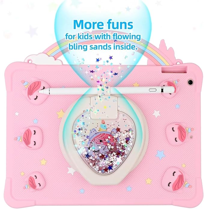 [Super Cute Rainbow Unicorn Case] Kids Case for iPad 9.7'' Air 1st Gen/iPad 5 2016 Model Case Cover for Kids Girls with Hand Strap and 360° Rotating Stand - Pink