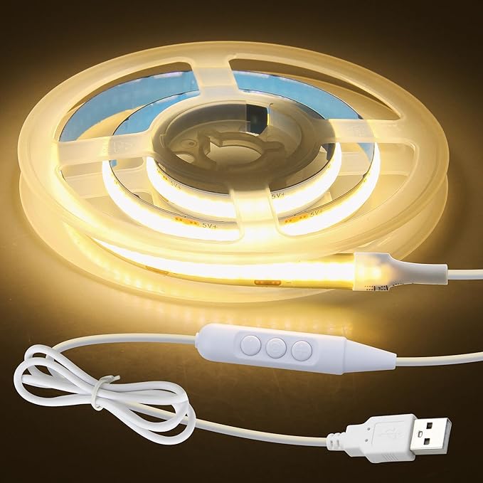 Aclorol DC 5V USB COB LED Strip Light 1.64FT/0.5M Dimmable LED Strip Light 3000K Warm White with 1.5M Long Power Cable Flexible for Bedroom Bedframe Headboard Kitchen Home DIY Lighting 320LEDs/M