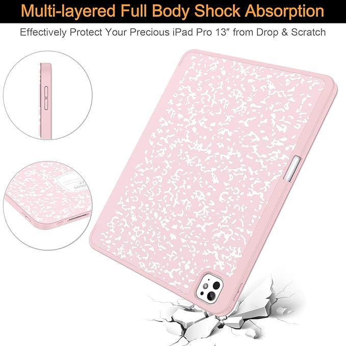 Soke Case for New iPad Pro 13 Inch (M5/M4, 2025/2024 Release), with Pencil Holder Trifold Stand Shockproof [Support Apple Pencil Charging + Auto Wake/Sleep], Soft TPU Back Cover, Book Pink