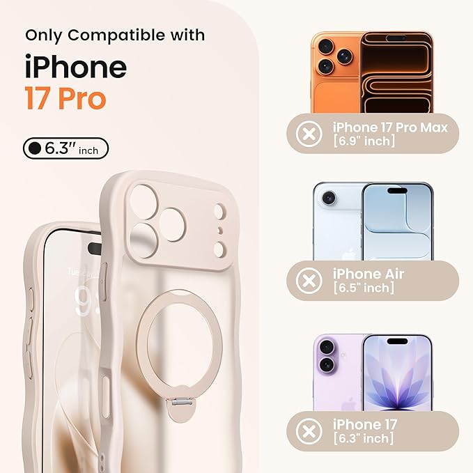CAPRARO for iPhone 17 Pro Case with 360° Spin Magnetic Stand for Women, [Compatible with MagSafe] [Full Camera Protection] Cute Wave Translucent Matte Case for iPhone 17 Pro, Rose Gold