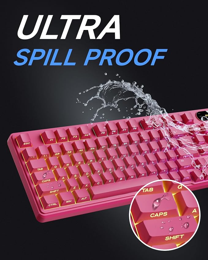 EWEADN V102 Wired Keyboard, 98 Keys Creamy Gaming Keyboard with Number Pad, Display Screen & Media Knob RGB Silent Wired Cute Computer Keyboard for Laptop PC Gamer - Dark Pink