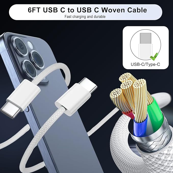 iPhone 17e Charger Fast Charging,2-Pack 6FT 2in1 Dual USB C PD Charger Block Type C to C Woven Charger Cable for iPhone 17 Pro Max/17 Pro/Air/16 Pro Max/16 Plus/16e/15 Pro/15 Plus,iPad Pro/Air/Mini
