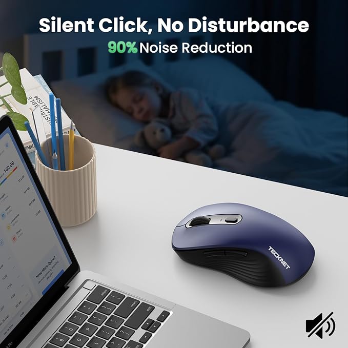 TECKNET Rechargeable Bluetooth Mouse, [ USB + BT5.0 + BT3.0 ] Wireless Mouse, Ergonomic Design, Silent Click, 6-Level 4800 DPI Wireless Mice, 3-Device Switching for Laptop, Computer, MacBook（Blue）