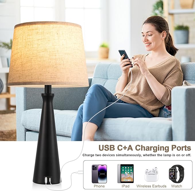 Seealle Modern Table Lamps Set of 2 - Touch Bedside Lamp for Nightstand with Dual USB C+A,3-Way Dimmable Nightstand Lamps for Living Room Bedroom End Table with Beige Shade(Bulb Included)