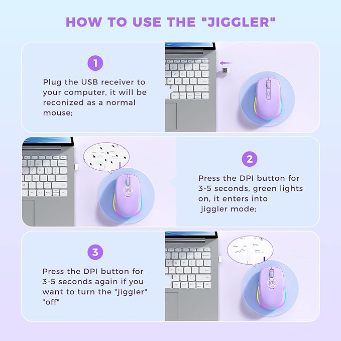 PEIOUS Wireless Mouse Jiggler - LED Wireless Mice with Build-in Mouse Mover, Rechargeable Moving Mouse for Laptop with Undetectable Random Movement Keeps Computers Awake - Purple