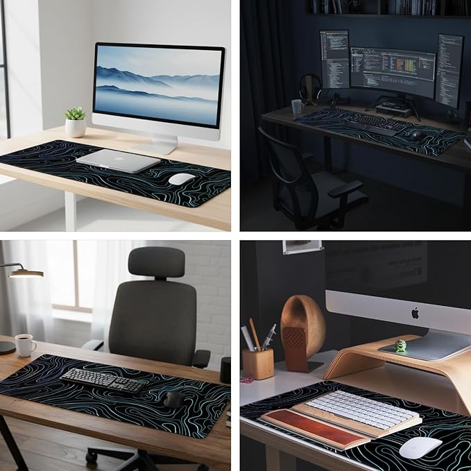Topographic Large Mouse Pad (31.5x11.8 Inch), Aesthetic Desk Mat with Stitched Edges, Waterproof Non-Slip Keyboard Pad for Office & Home, Blue Line Art Desk Decor