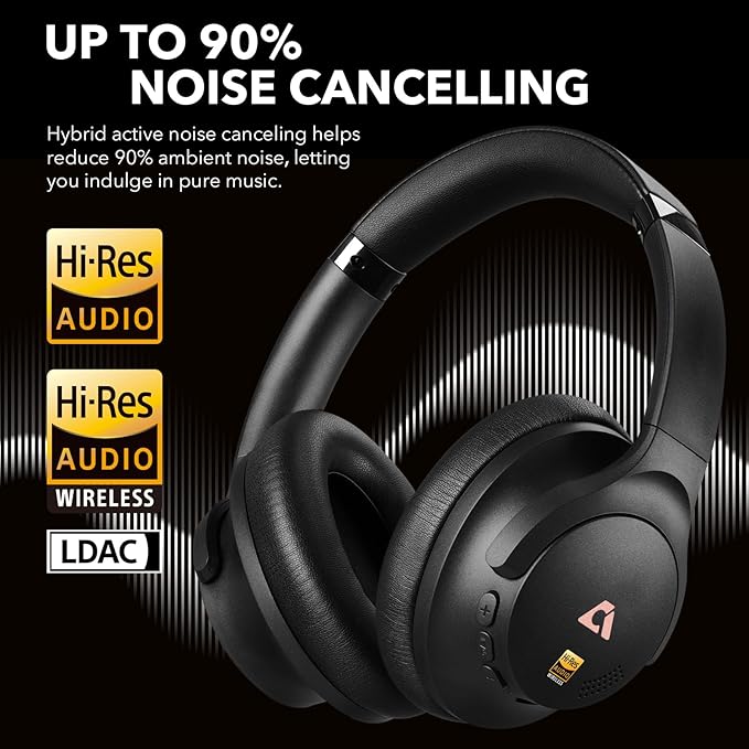1Mii Y8+ Hybrid Active Noise Cancelling Headphones, 100H Playtime, Bluetooth 6.0 Over Ear LDAC Wireless Hi-Res Audio & Deep Bass, Comfortable for Travel Airplane Home Office, Custom EQ via App, Black