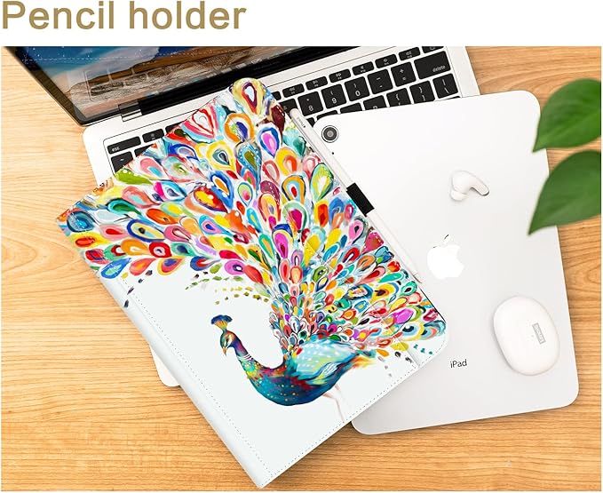 Vimorco Case for iPad (A16) 11th Generation 2025, for iPad 11th/10th Generation Case, Pencil Holder & Hand Strap & Pocket, Multiple Stand Protector PU Leather Shell Cover, Auto Wake/Sleep, Peacock