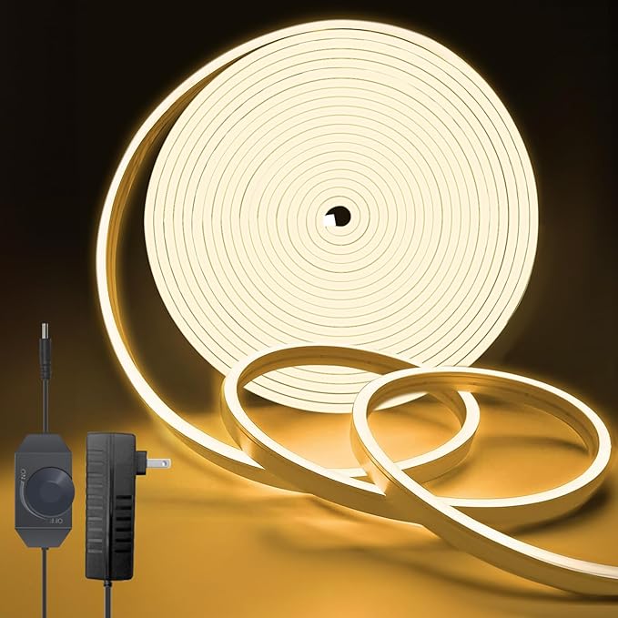 Neon Rope Lights, 32.8ft Warm White Dimmable LED Rope Lights, Cuttable Waterproof Flexible DIY LED Strip Lights for Bedroom, Indoor, Outdoor Decoration (Power Adapter Included)