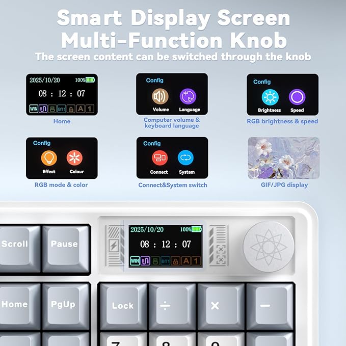 CORBOBO LINGBAO K108 Pro Wireless Mechanical Keyboard with Screen & Knob, Full Size Creamy Keyboard with Number Pad, 10000mAh Battery, PBT Keycaps, RGB Backlit, Hot-swappable Gaming Keyboards