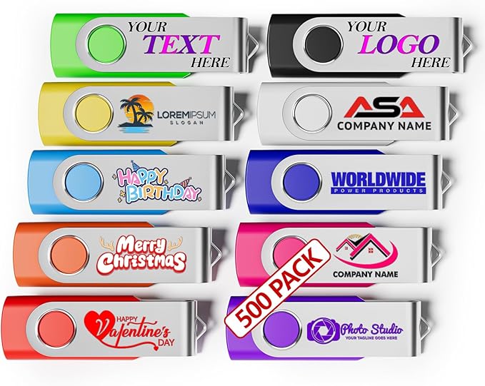Custom USB 2.0 Personalized Flash Drive 16GB, 500Pcs High-Speed Memory Sticks with Printed Logo/Text, Bulk Promotional Thumb Drives for Company AD/Education/Wedding/Corporate Event