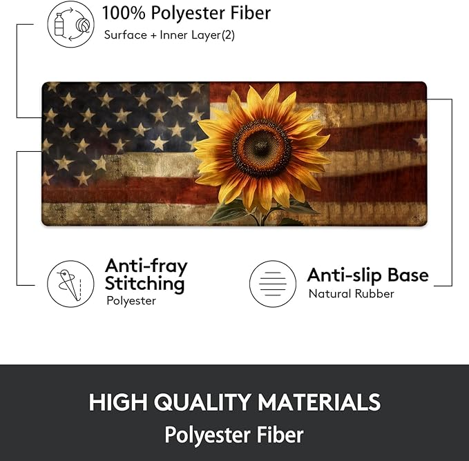 Gaming Mouse Pad, American Flag Sunflower Mouse Pad, Desk Mat, Non-Slip Rubber Base MousePads for Computers Laptop Office School Home Accessories Decor 31.5" x 11.8"