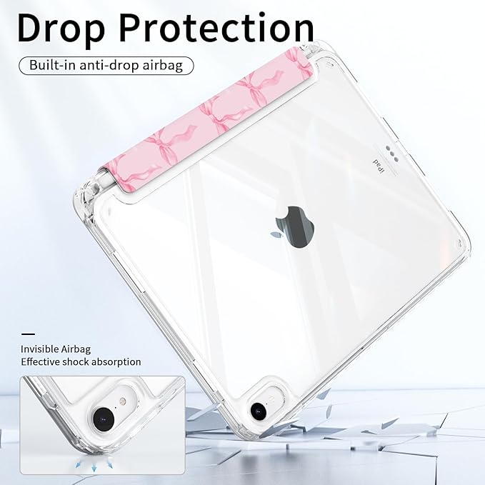 Case for iPad mini 7 2024 (A17 Pro)/ iPad mini 6 (2021), iPad 8.3-inch 7th/6th Generation Case, Trifold Stand Protective Slim Clear Back Cover with Pencil Holder, Pink Bows
