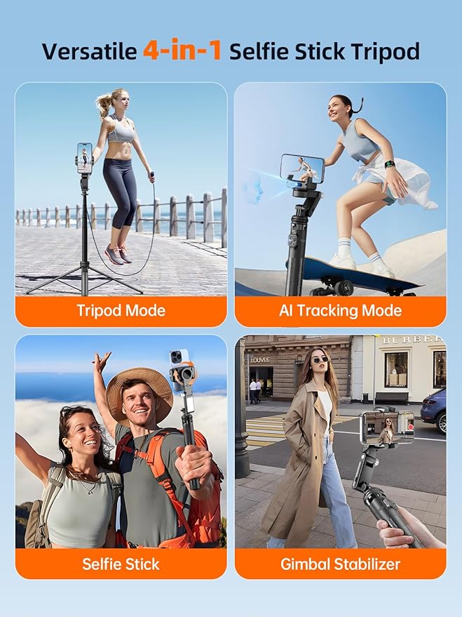 Rollei Auto Face Tracking Tripod, Smartphone Gimbal Stabilizer 61'' Selfie Stick Tripod Holder 360° Rotation for iPhone/Android Stand for Filming Streaming Tiktok Video Vlog