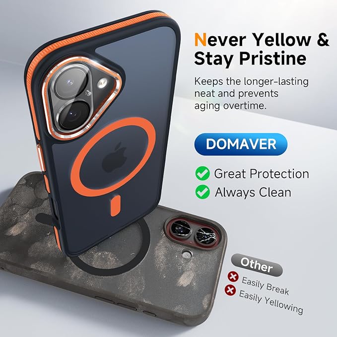 DOMAVER Magnetic 3 in 1 for iPhone 16 Case, [Omni-Directional Protection] with 1x Screen Protector + 1x Camera Cover, [Seamless Work with Magsafe] Protective Silm Case for iPhone 16 Cosmic Orange