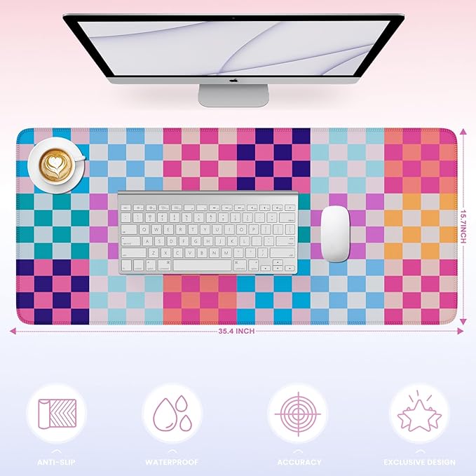 iLeadon Desk Mat, Computer Desktop Pad, Colorful Checkered Mouse Pad, Large Rubber Base Mousepad with Stitched Edges, Keyboard Mat for Women Office, Home
