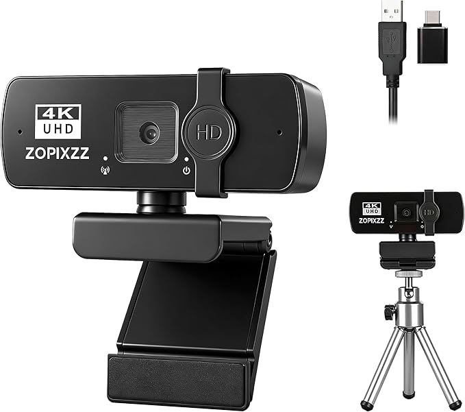 4K Webcam with Tripod, PC Ultra HD Web Camera with Microphone, PDAF Autofocus,Privacy Cover,USB A & USB C Adapter, Plug & Play,Ideal for Business Meetings&Live Streaming