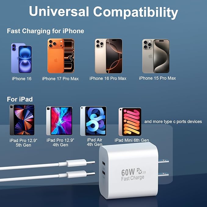 60W USB C Fast Charger for iPhone 17 16 15 Pro Max, 60W Dual Port Type C Charger Block with 10FT Long C Charger Fast Charging Cable Cord for iPhone 17/17 Pro Max/17/Air/16/15/Pro Max, iPad