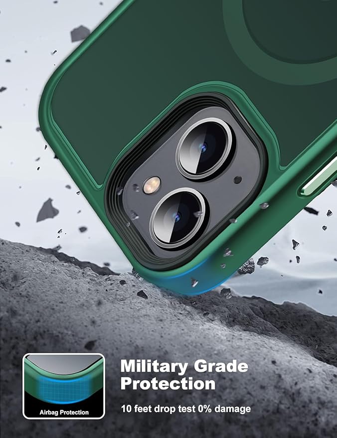 Tigowos for iPhone 15 Magnetic case Fits MagSafe 15FT Drop Resistant Skin Friendly Feeling Heavy Duty Shockproof Back Cover Fits iPhone 15 Phone Cases 6.1"，Matte Green
