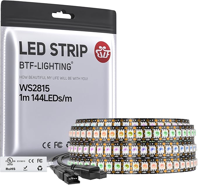 BTF-LIGHTING WS2815 (Upgraded WS2812B) LED Strip Light,UL Listed,3.2FT 144 LED/Pixels,Flexible Chasing RGB,Dual Signal Individually Addressable,5050SMD,3M Tape,DC12V IP30(No Adapter or Controller)